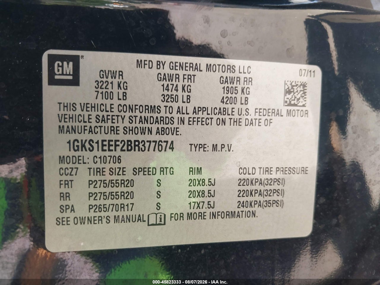 1GKS1EEF2BR****** · 2011 GMC YUKON DENALI · 9/11