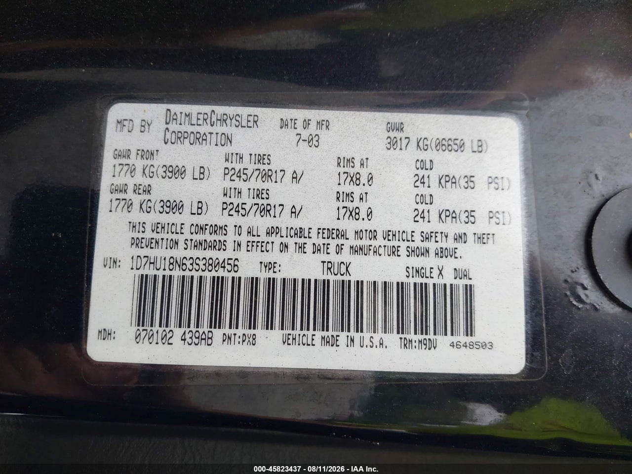 1D7HU18N63S****** · 2003 DODGE RAM 1500   · 9/10
