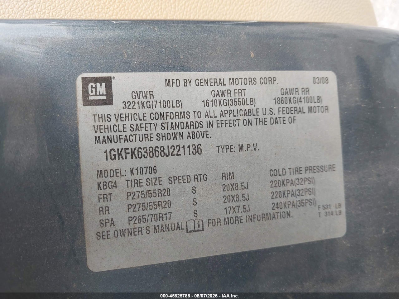 1GKFK63868J****** · 2008 GMC YUKON DENALI · 9/11