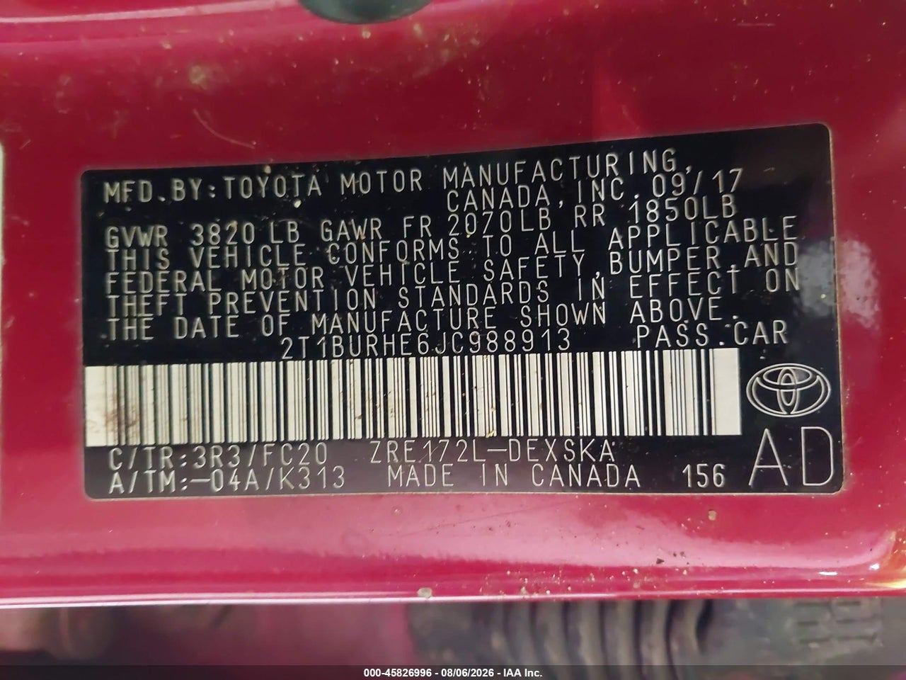 2T1BURHE6JC****** · 2018 TOYOTA COROLLA SE · 9/11
