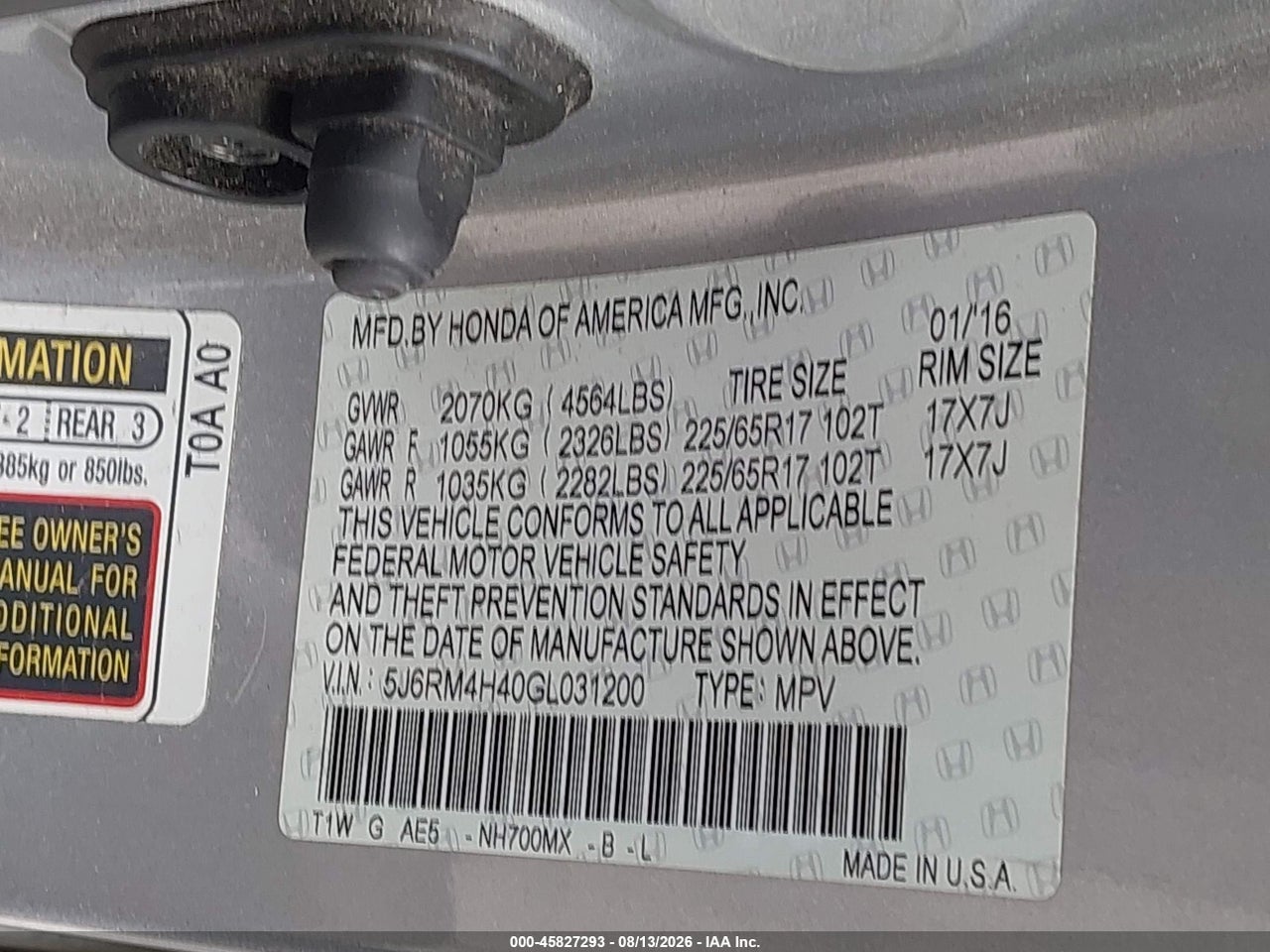5J6RM4H40GL****** · 2016 HONDA CR-V SE · 9/11