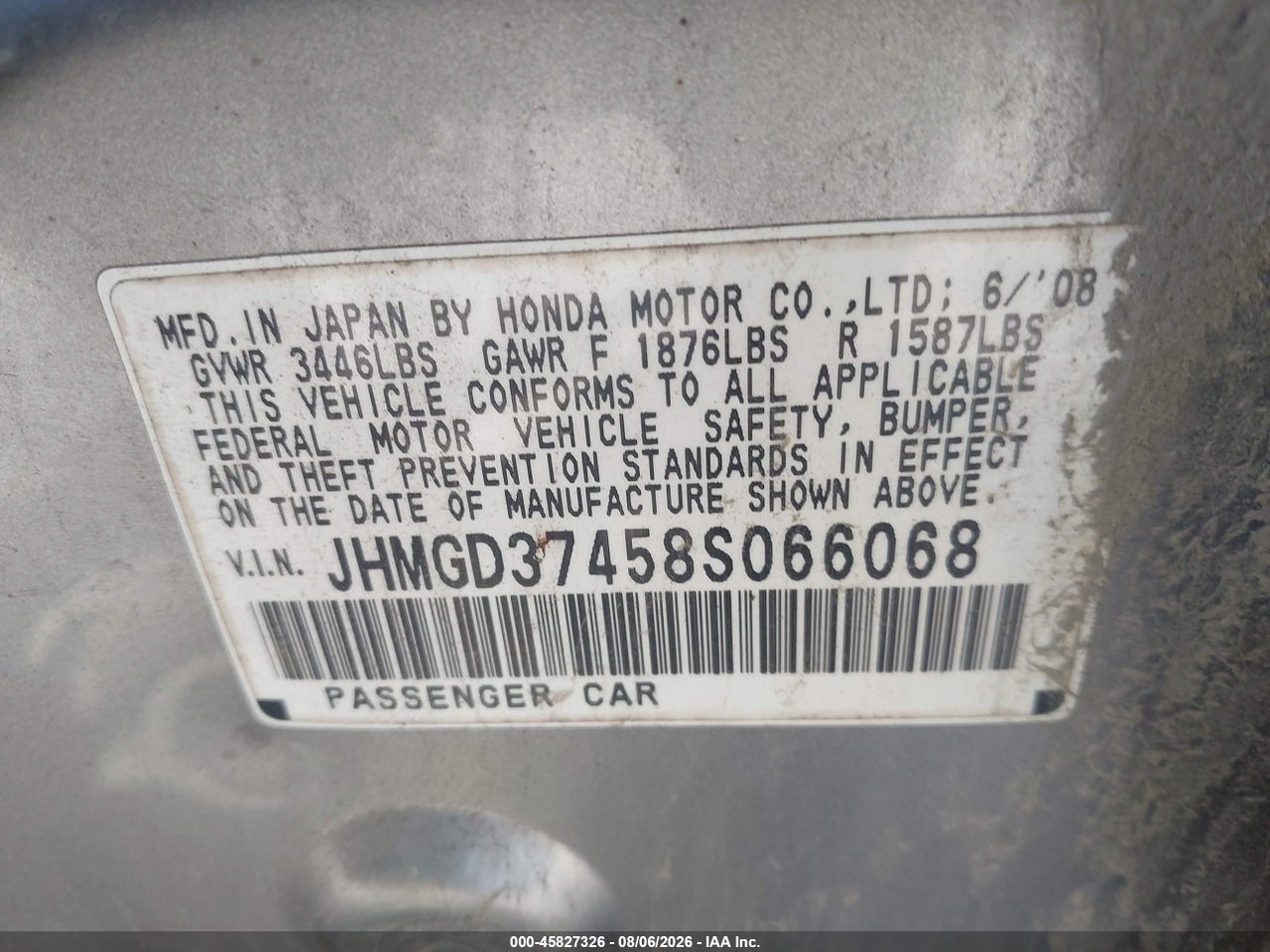 JHMGD37458S****** · 2008 HONDA FIT   · 9/11