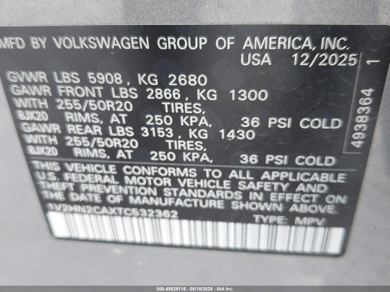 1V2HN2CAXTC****** · 2026 VOLKSWAGEN ATLAS SE WITH TECHNOLOGY · 9/11