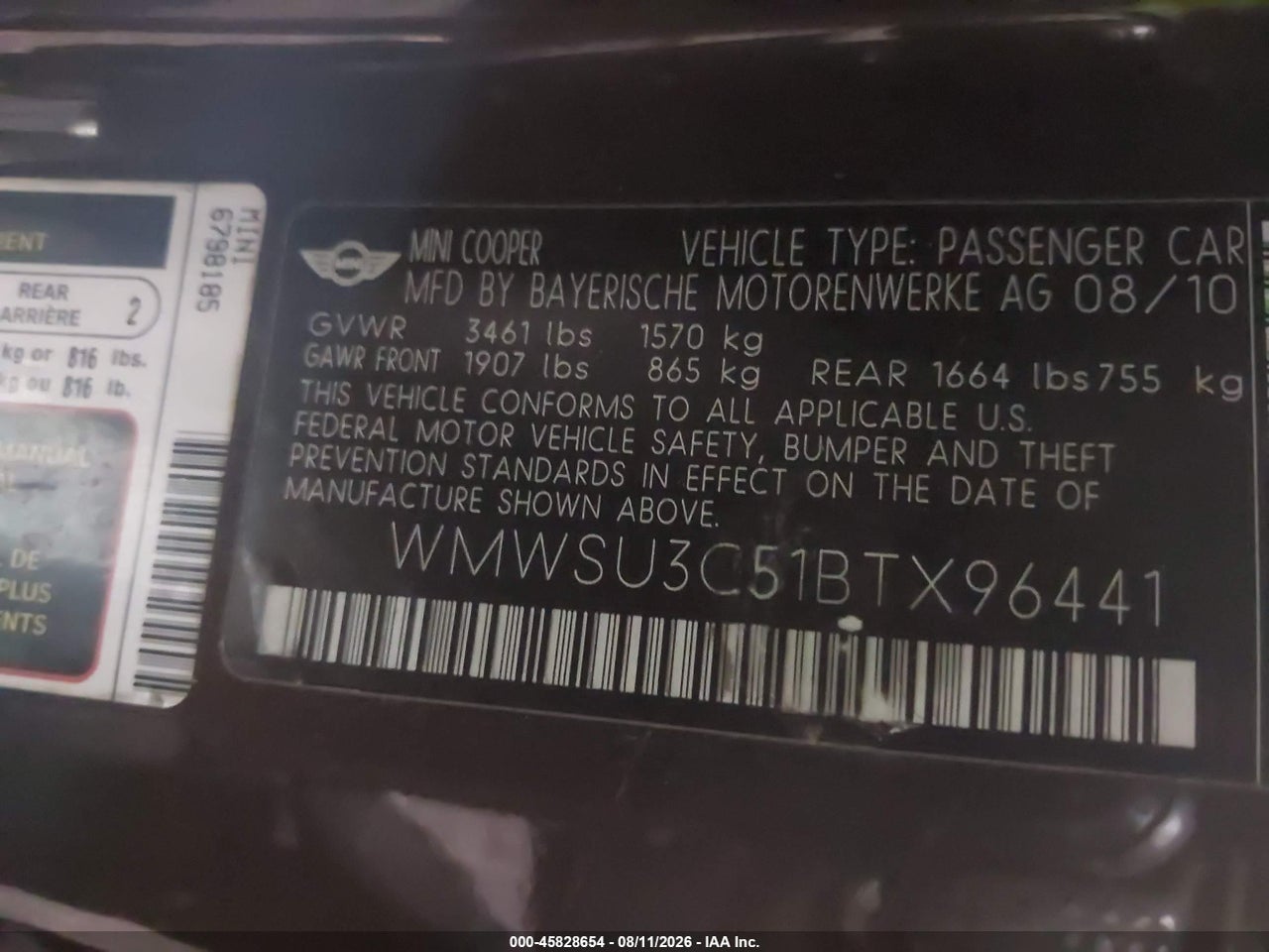 WMWSU3C51BT****** · 2011 MINI COOPER · 9/11