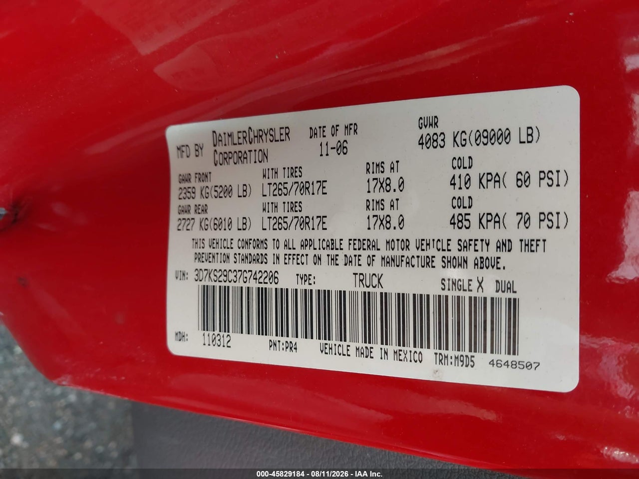 3D7KS29C37G****** · 2007 DODGE RAM 2500 SLT · 9/11