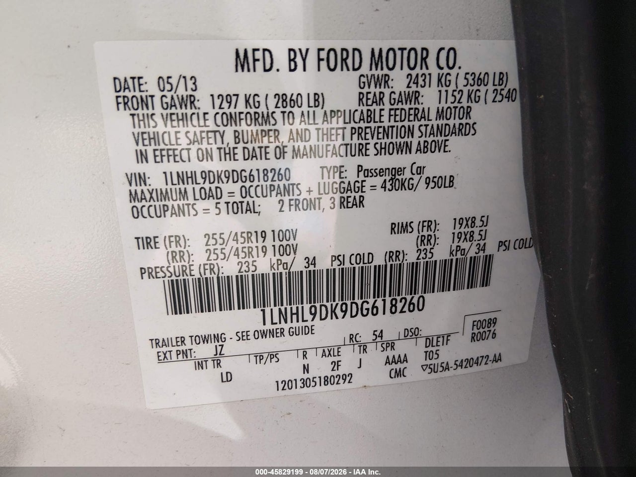 1LNHL9DK9DG****** · 2013 LINCOLN MKS   · 9/11