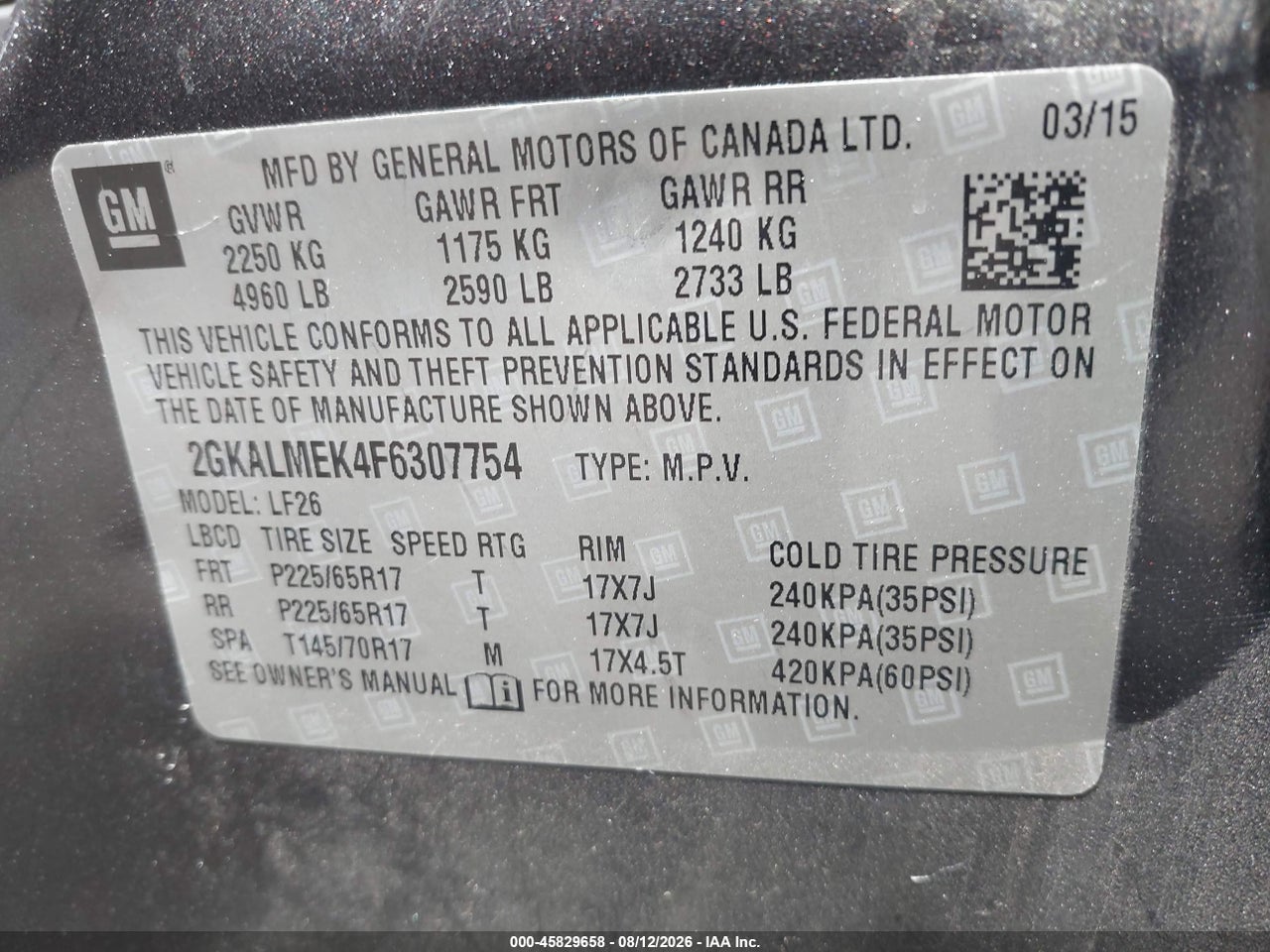2GKALMEK4F6****** · 2015 GMC TERRAIN SLE-1 · 9/11