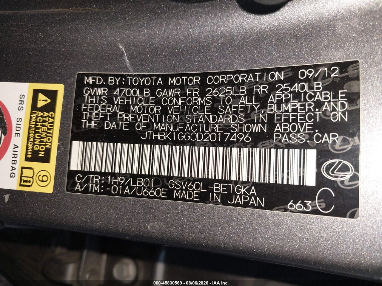 JTHBK1GG0D2****** · 2013 LEXUS ES 350 · 9/11