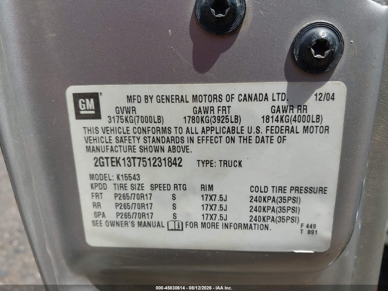 2GTEK13T751****** · 2005 GMC SIERRA 1500 SLT · 9/11