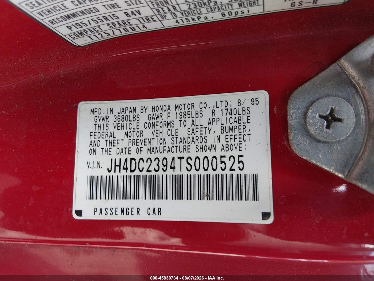 JH4DC2394TS****** · 1996 ACURA INTEGRA GSR · 9/11