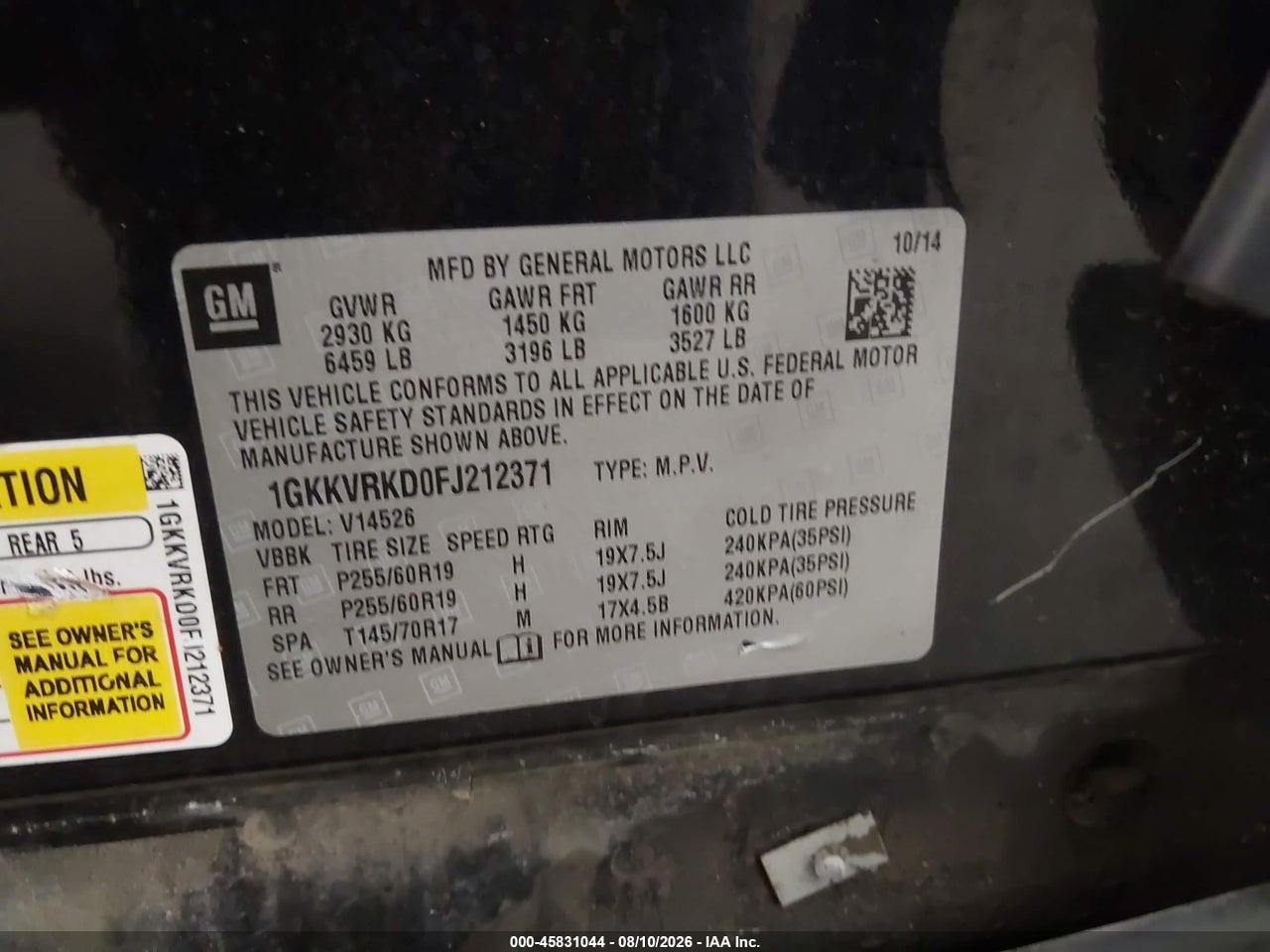 1GKKVRKD0FJ****** · 2015 GMC ACADIA SLT · 9/11