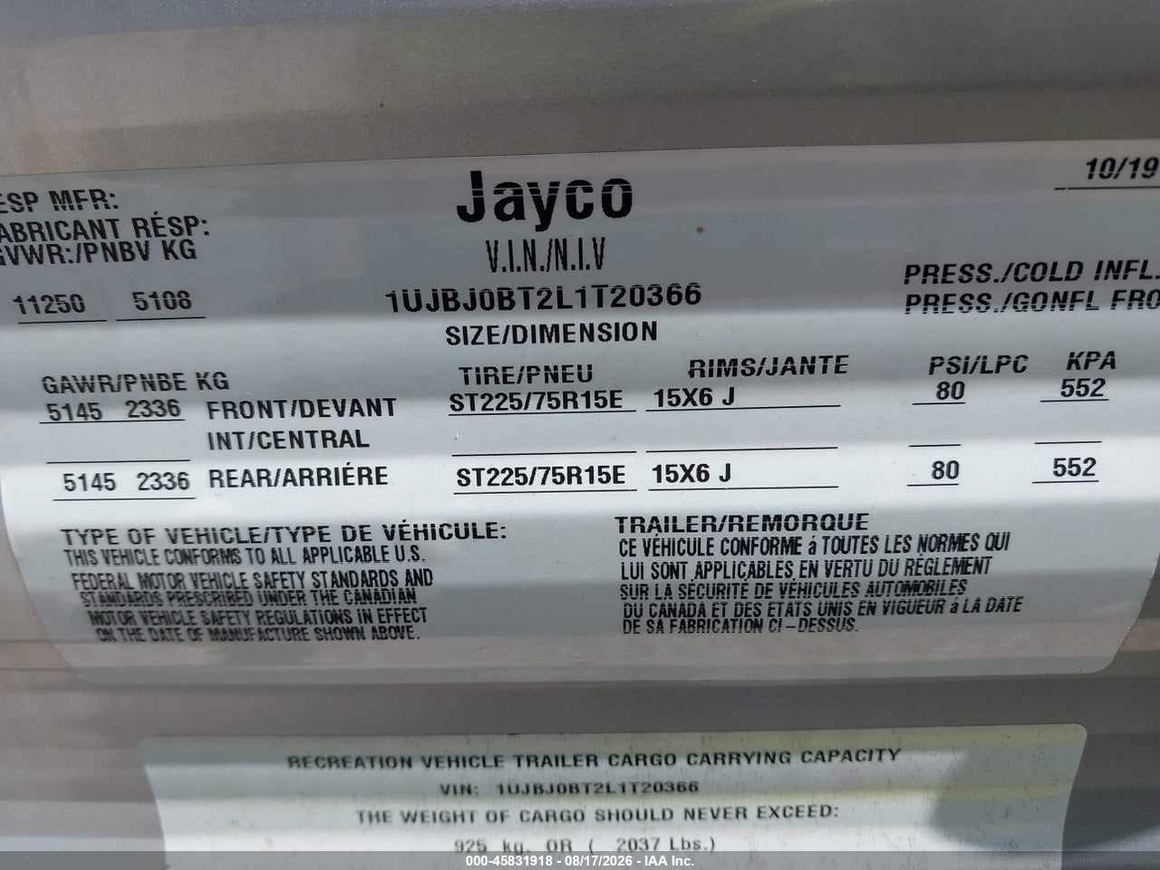 1UJBJ0BT2L1****** · 2020 JAYCO OTHER · 9/10