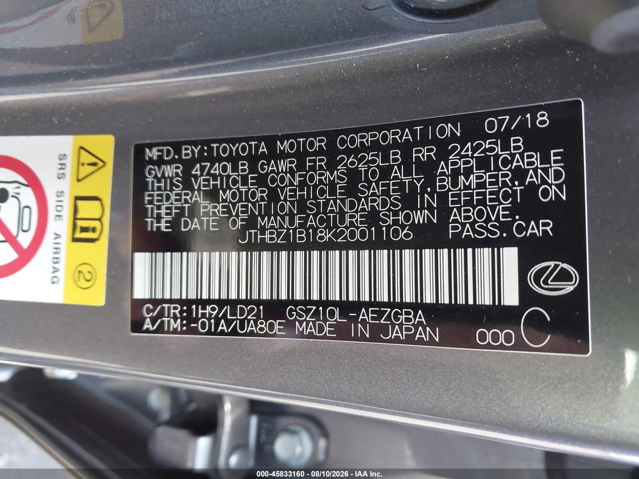 JTHBZ1B18K2****** · 2019 LEXUS ES 350   · 9/11