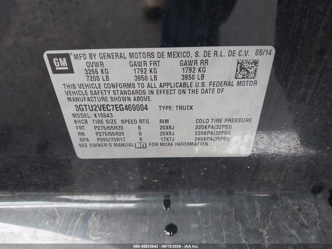 3GTU2VEC7EG****** · 2014 GMC SIERRA 1500 SLT · 9/11