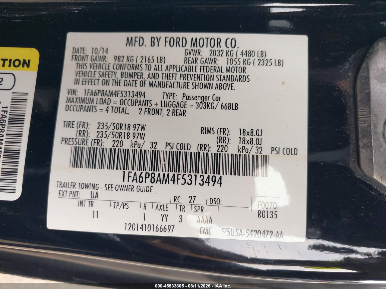 1FA6P8AM4F5****** · 2015 FORD MUSTANG V6 · 9/11