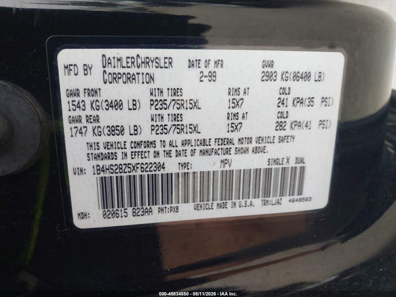 1B4HS28Z5XF****** · 1999 DODGE DURANGO · 9/11