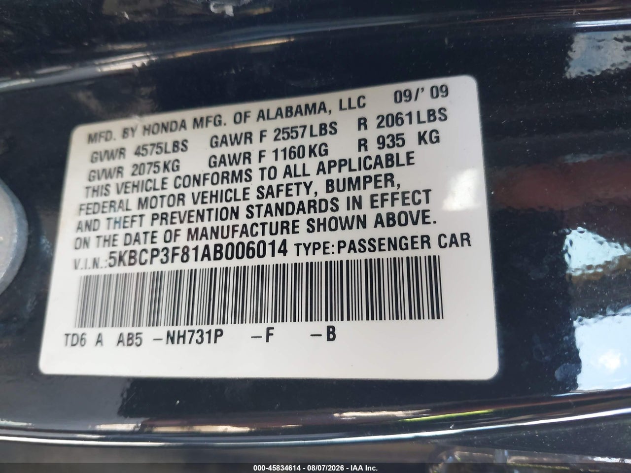 5KBCP3F81AB****** · 2010 HONDA ACCORD 3.5 EX-L · 9/11