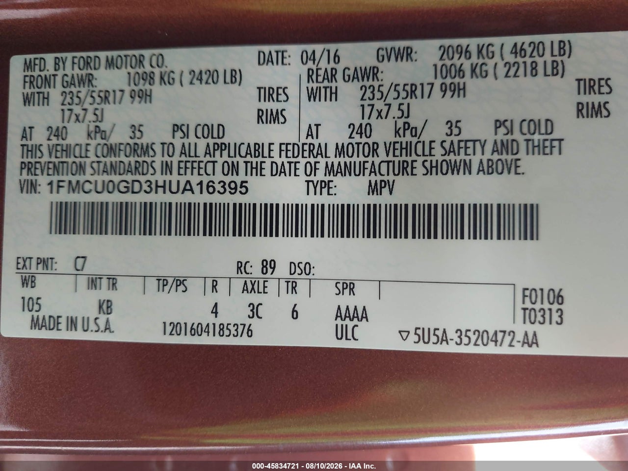 1FMCU0GD3HU****** · 2017 FORD ESCAPE SE · 9/11