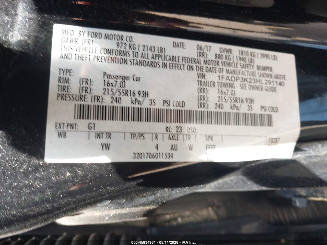 1FADP3K23HL****** · 2017 FORD FOCUS SE · 9/11