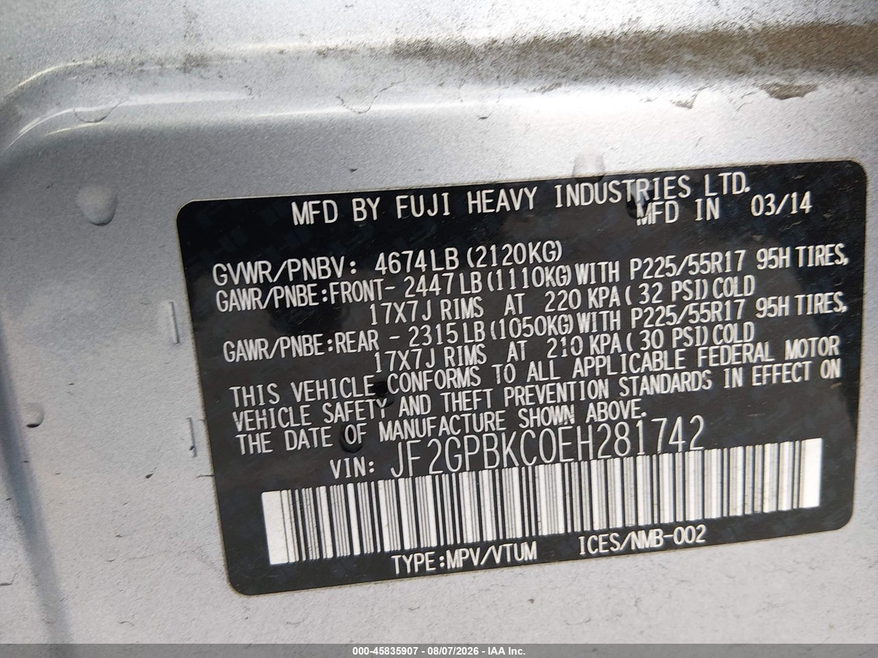 JF2GPBKC0EH****** · 2014 SUBARU XV CROSSTREK HYBRID 2.0I TOURING · 9/11