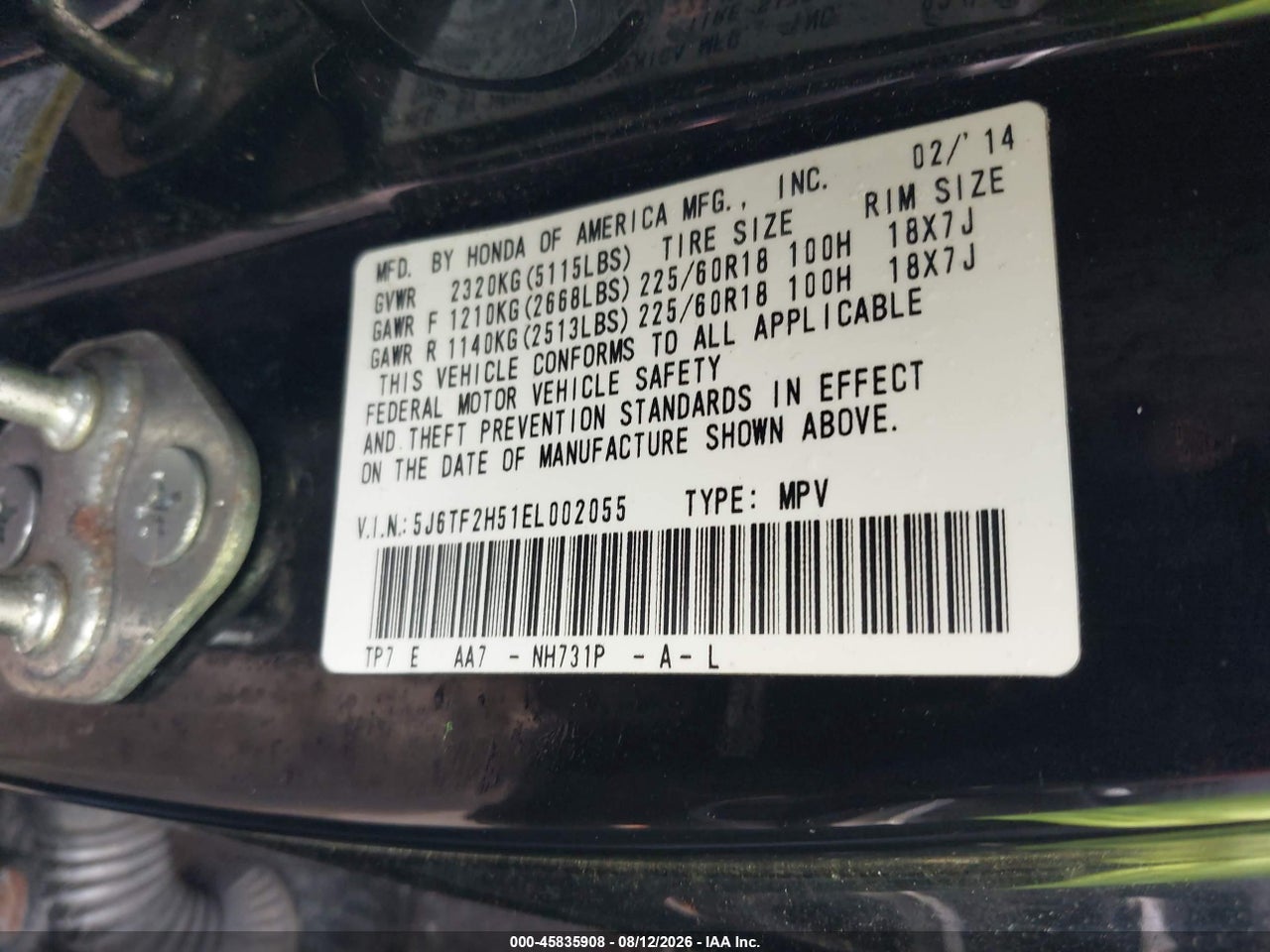 5J6TF2H51EL****** · 2014 HONDA CROSSTOUR EX-L V6 · 9/11