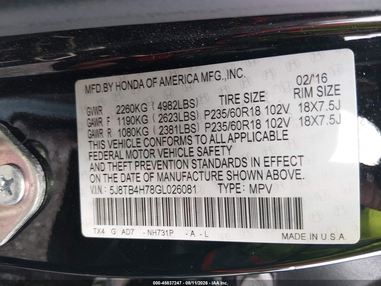 5J8TB4H78GL****** · 2016 ACURA RDX ADVANCE PACKAGE · 9/11
