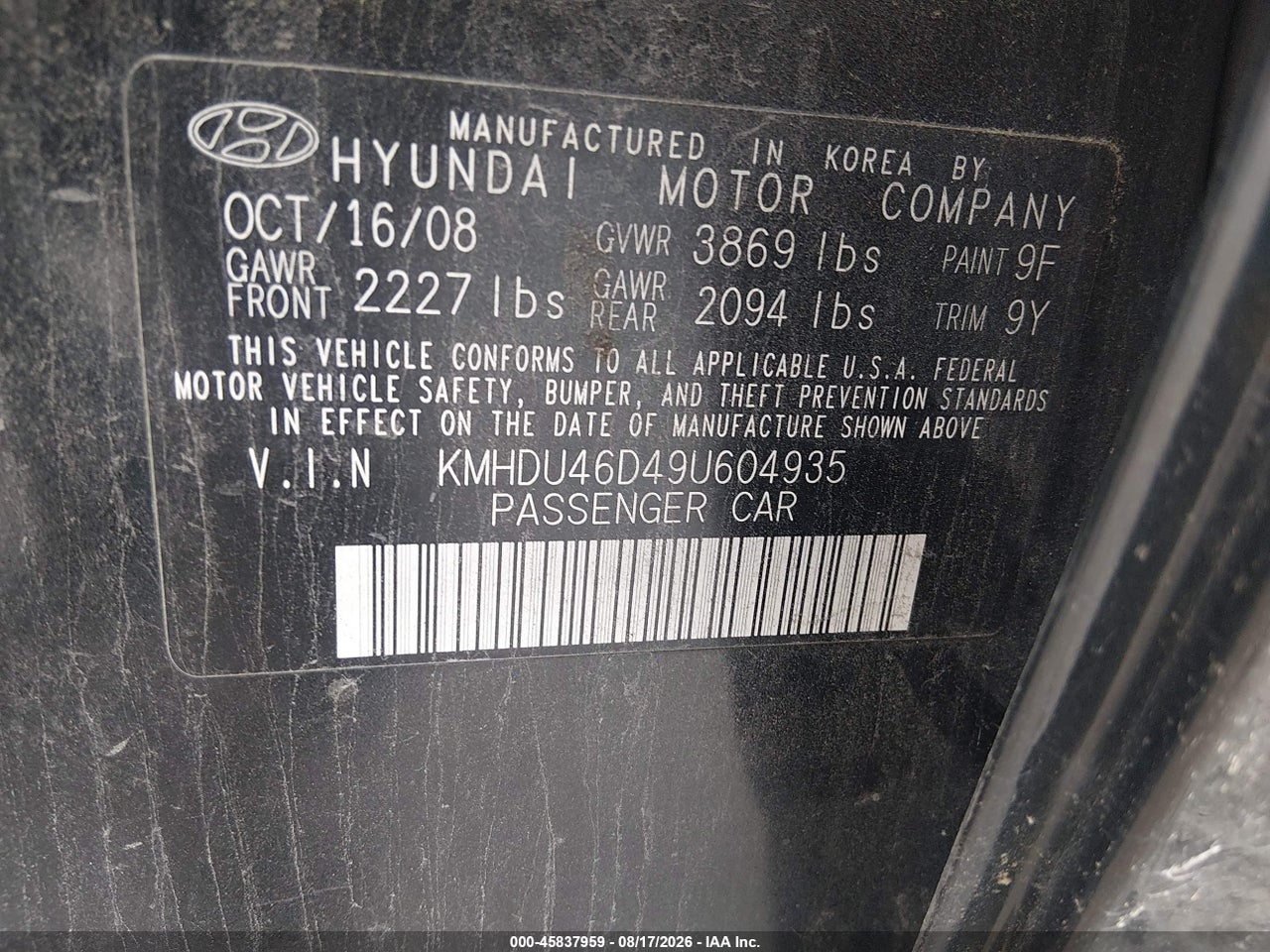 KMHDU46D49U****** · 2009 HYUNDAI ELANTRA SE · 9/11