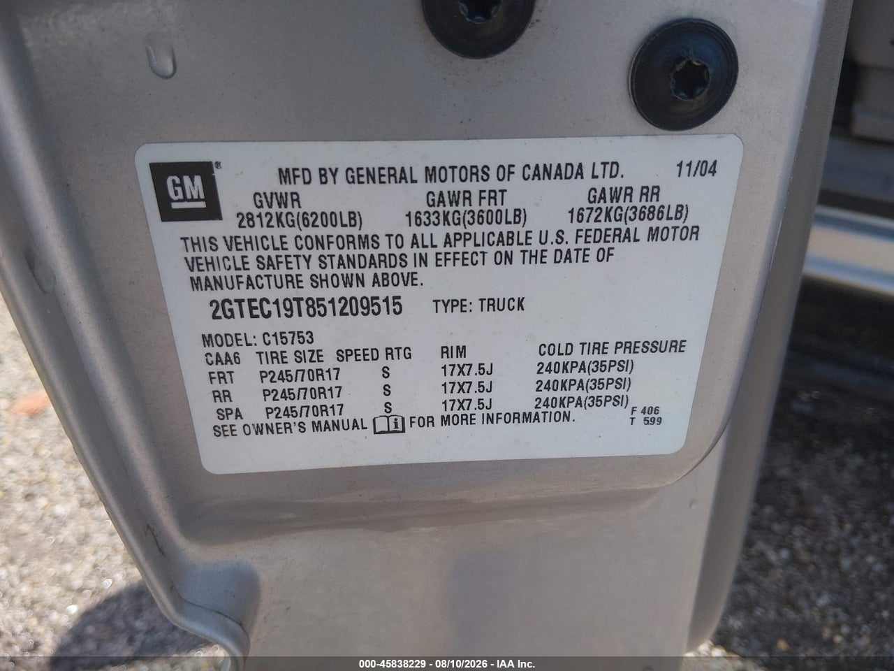 2GTEC19T851****** · 2005 GMC SIERRA 1500 SLT · 9/11
