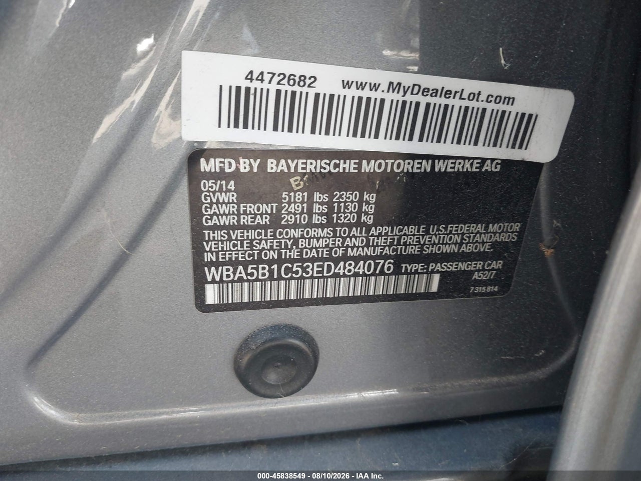 WBA5B1C53ED****** · 2014 BMW 535I · 9/11