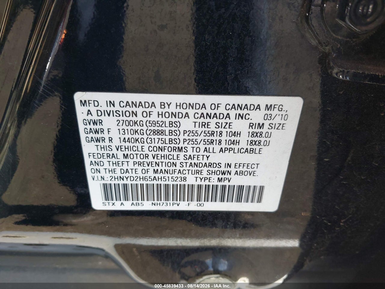 2HNYD2H65AH****** · 2010 ACURA MDX TECHNOLOGY PACKAGE · 9/11