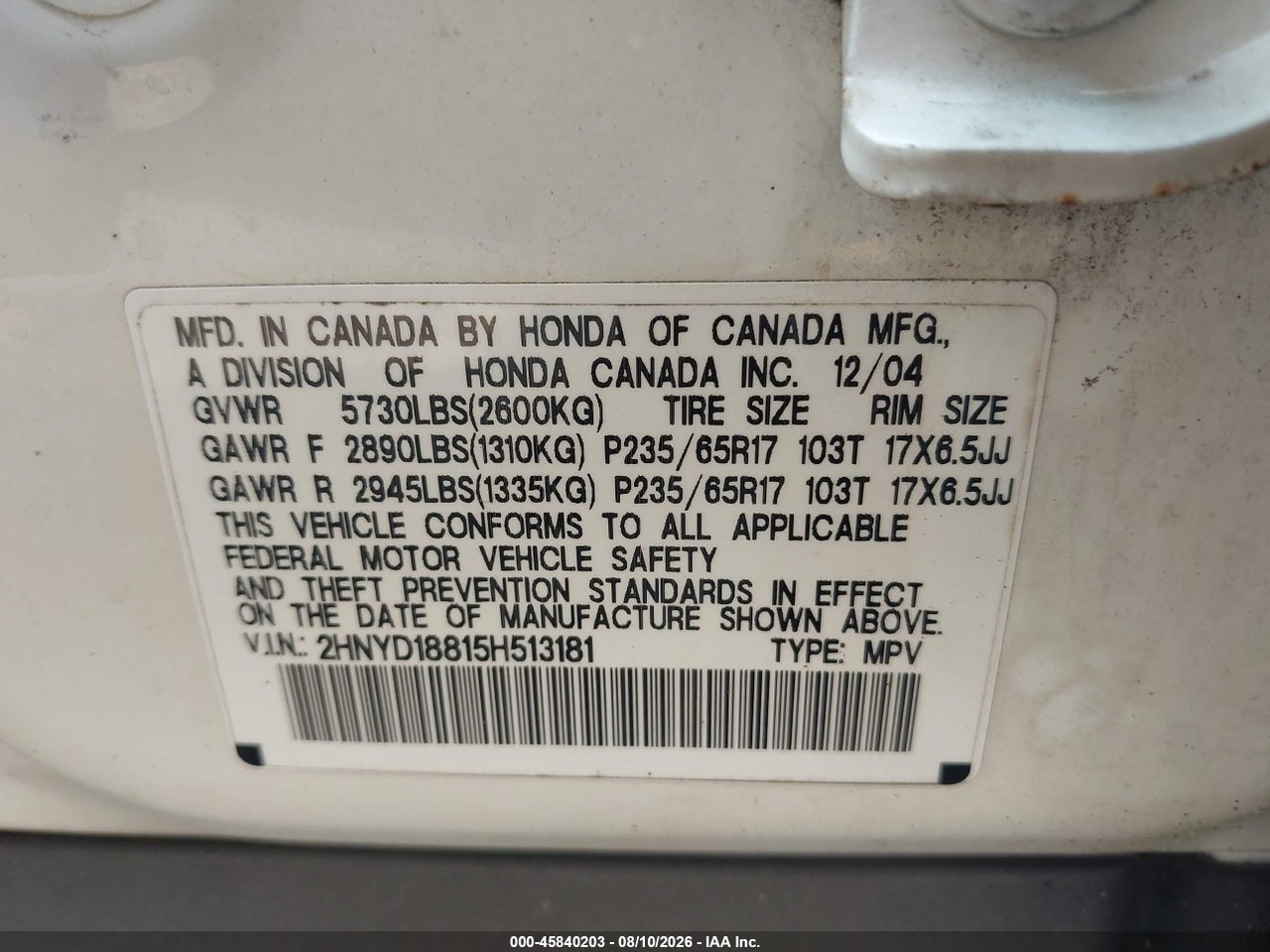 2HNYD18815H****** · 2005 ACURA MDX   · 9/11