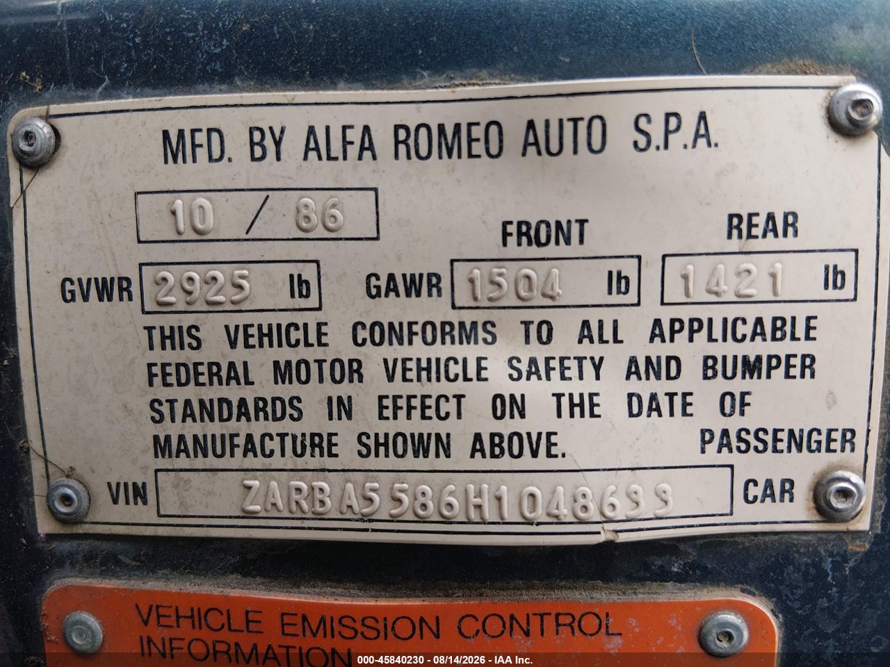 ZARBA5586H1****** · 1987 ALFA ROMEO SPIDER VELOCE · 9/11