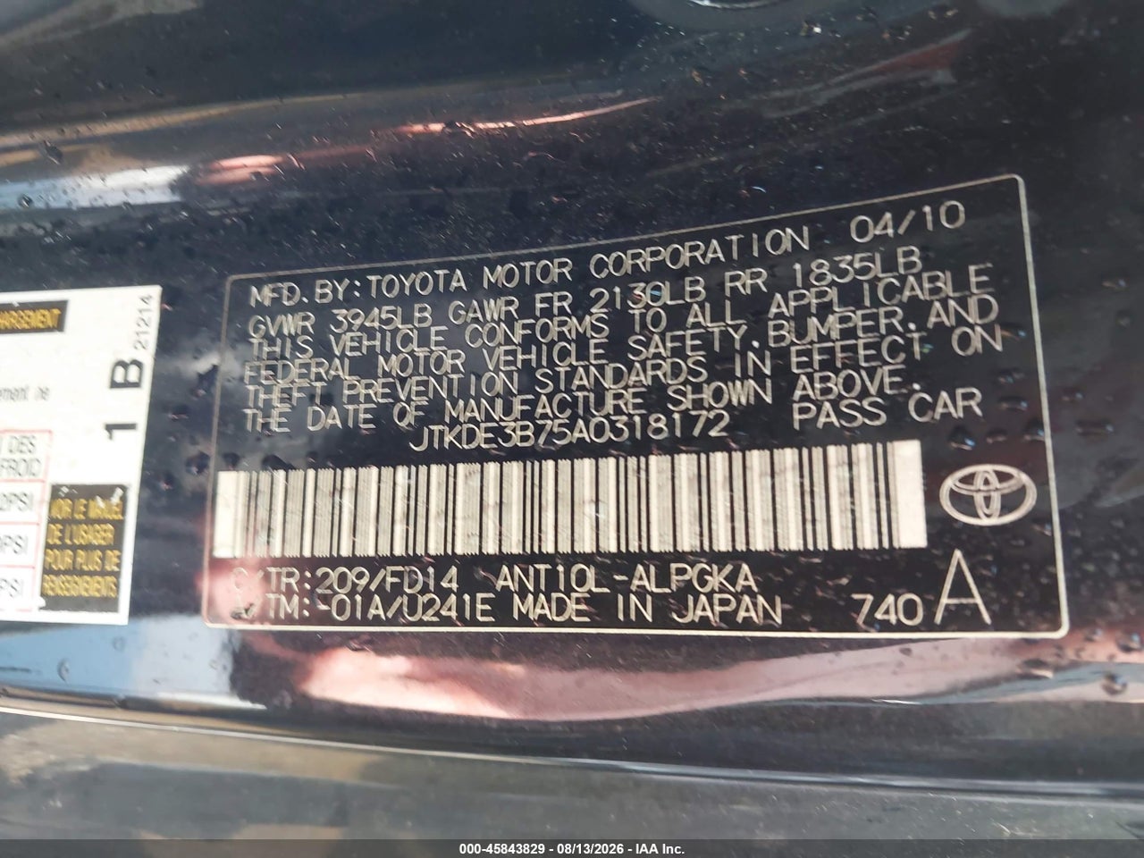 JTKDE3B75A0****** · 2010 SCION TC · 9/10