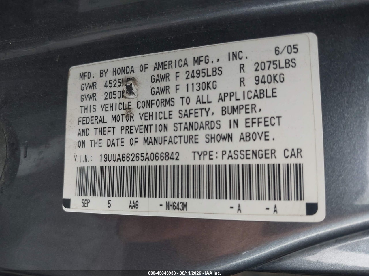 19UUA66265A****** · 2005 ACURA TL   · 9/11