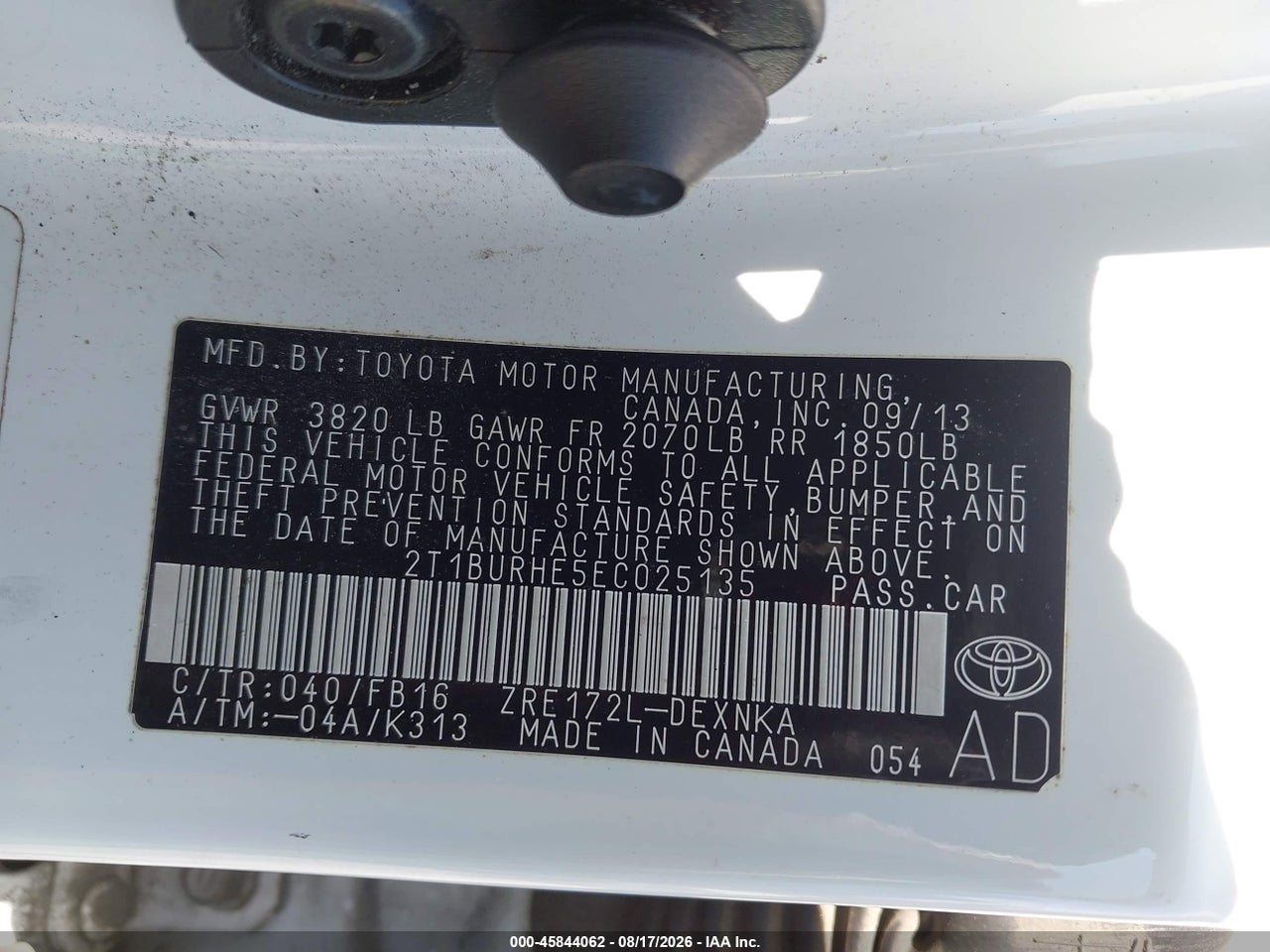 2T1BURHE5EC****** · 2014 TOYOTA COROLLA LE · 9/11