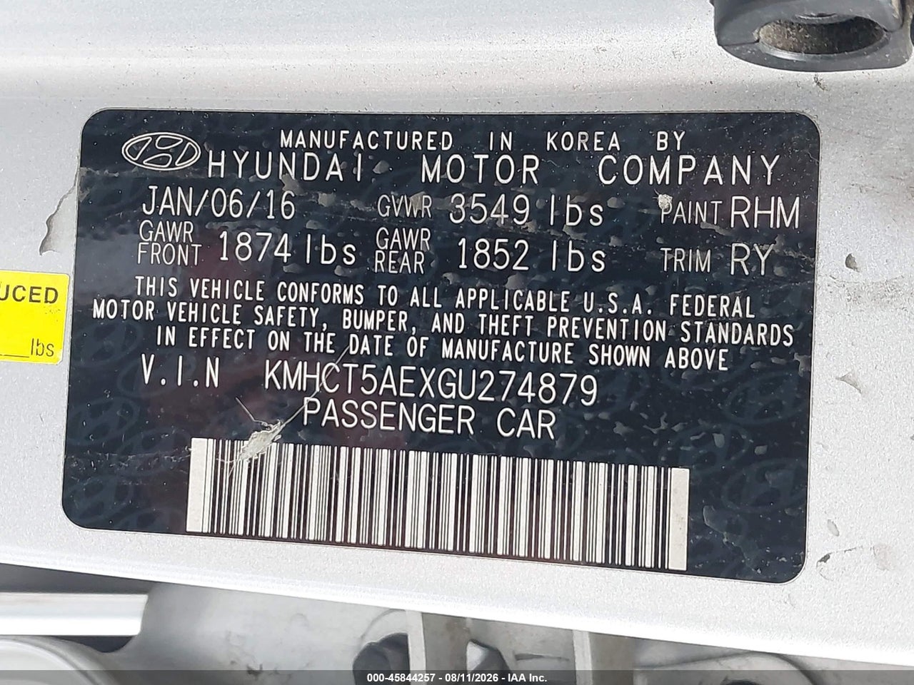 KMHCT5AEXGU****** · 2016 HYUNDAI ACCENT SE · 9/11