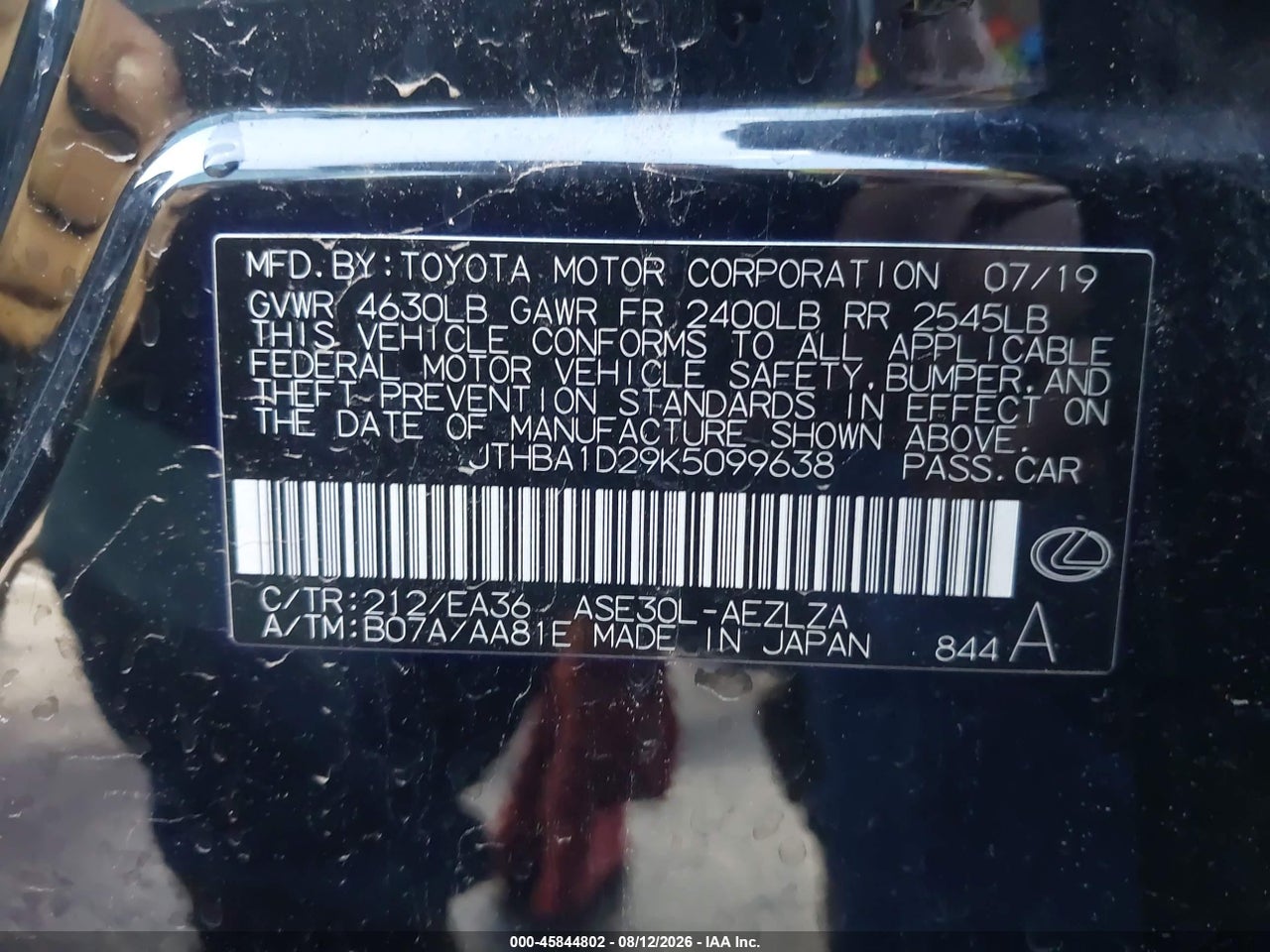 JTHBA1D29K5****** · 2019 LEXUS IS 300 · 9/11