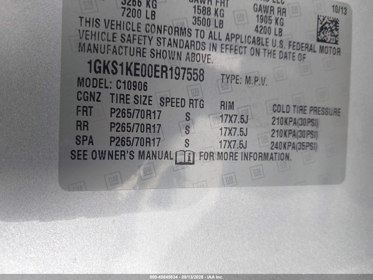 1GKS1KE00ER****** · 2014 GMC YUKON XL 1500 SLT · 9/11