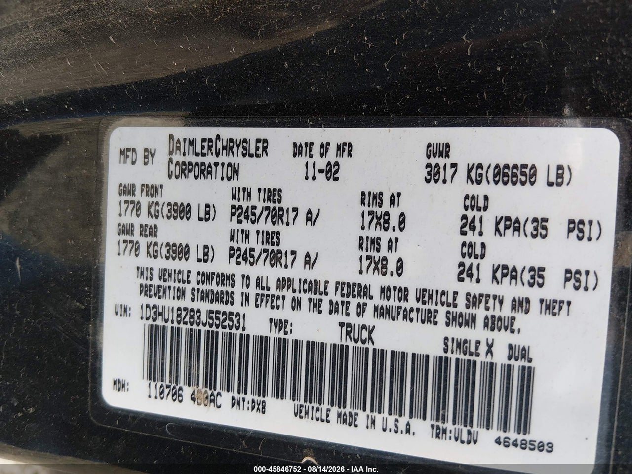 1D3HU18Z83J****** · 2003 DODGE RAM 1500 SLT/LARAMIE/ST · 9/11