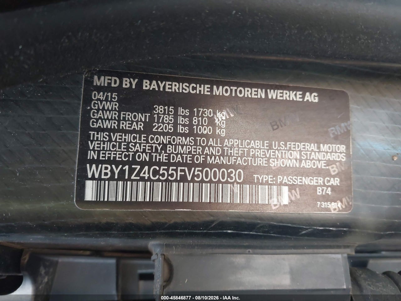WBY1Z4C55FV****** · 2015 BMW I3 BASE W/RANGE EXTENDER · 9/11