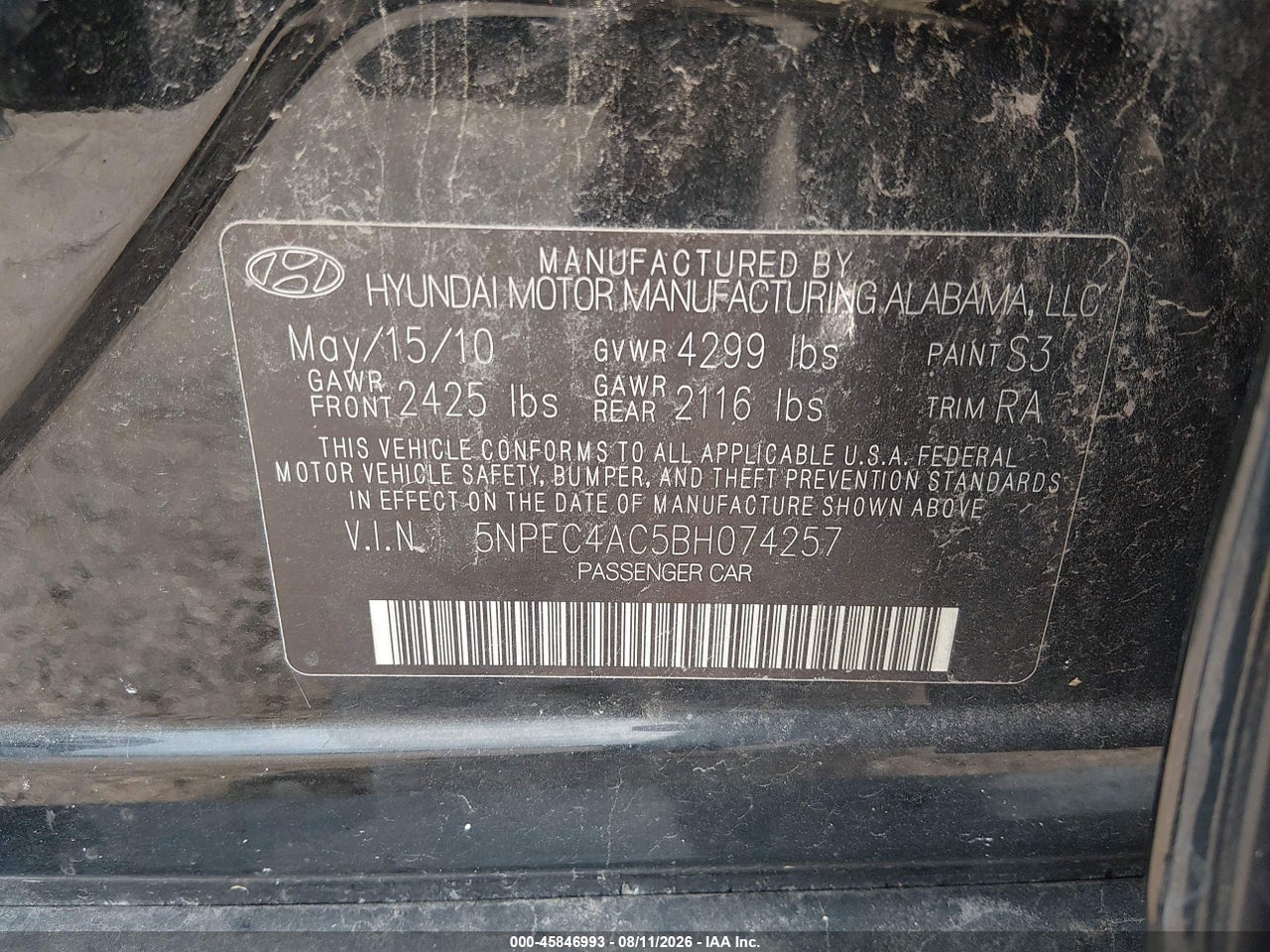5NPEC4AC5BH****** · 2011 HYUNDAI SONATA LIMITED · 9/11