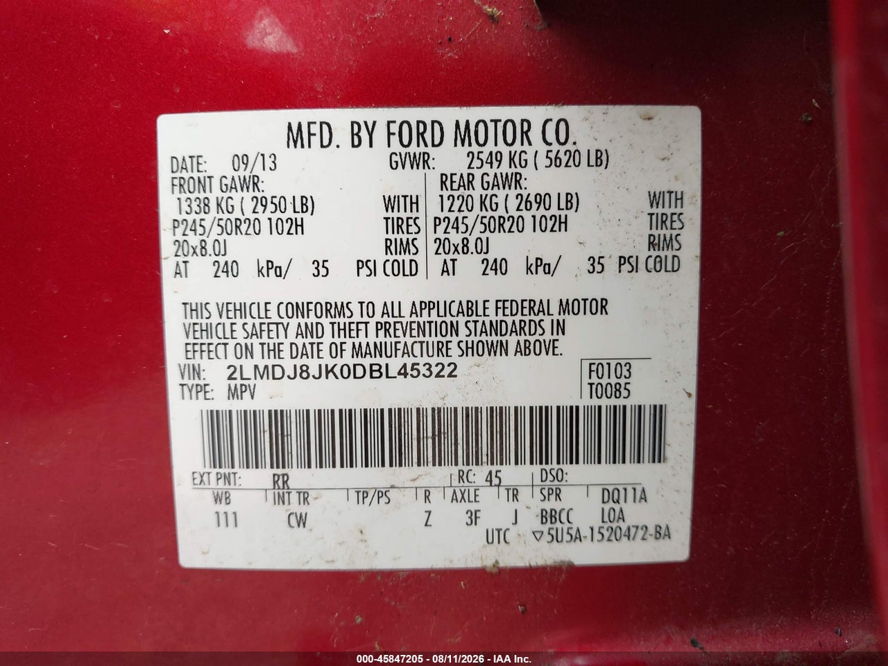 2LMDJ8JK0DB****** · 2013 LINCOLN MKX   · 9/11