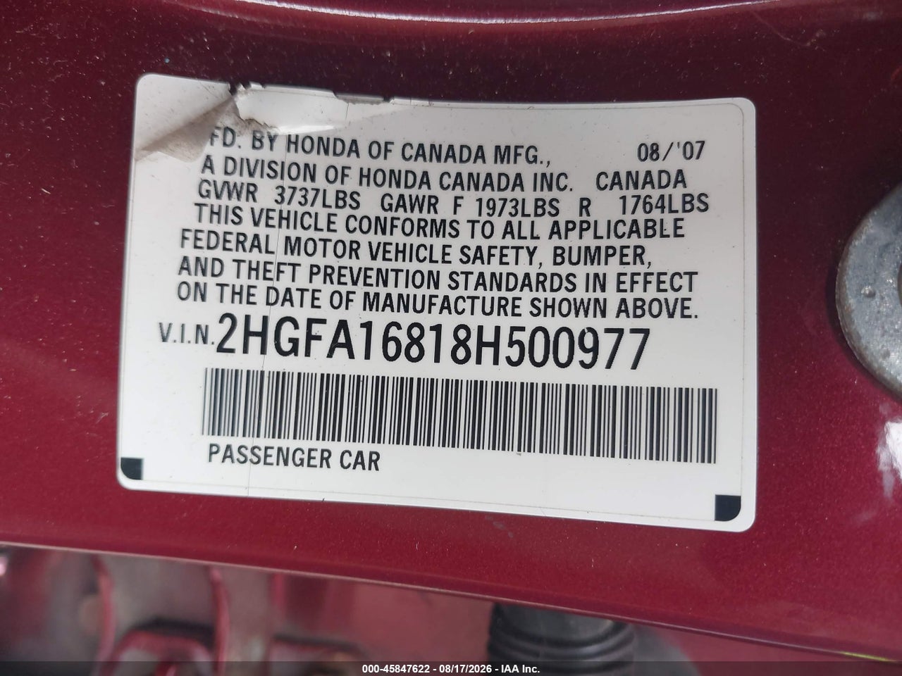 2HGFA16818H****** · 2008 HONDA CIVIC EX · 9/11