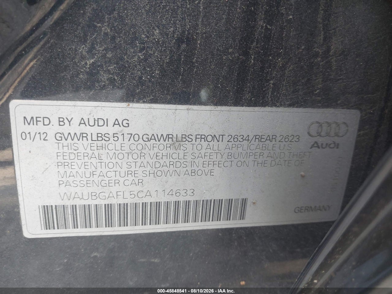 WAUBGAFL5CA****** · 2012 AUDI S4 PREMIUM PLUS · 9/11