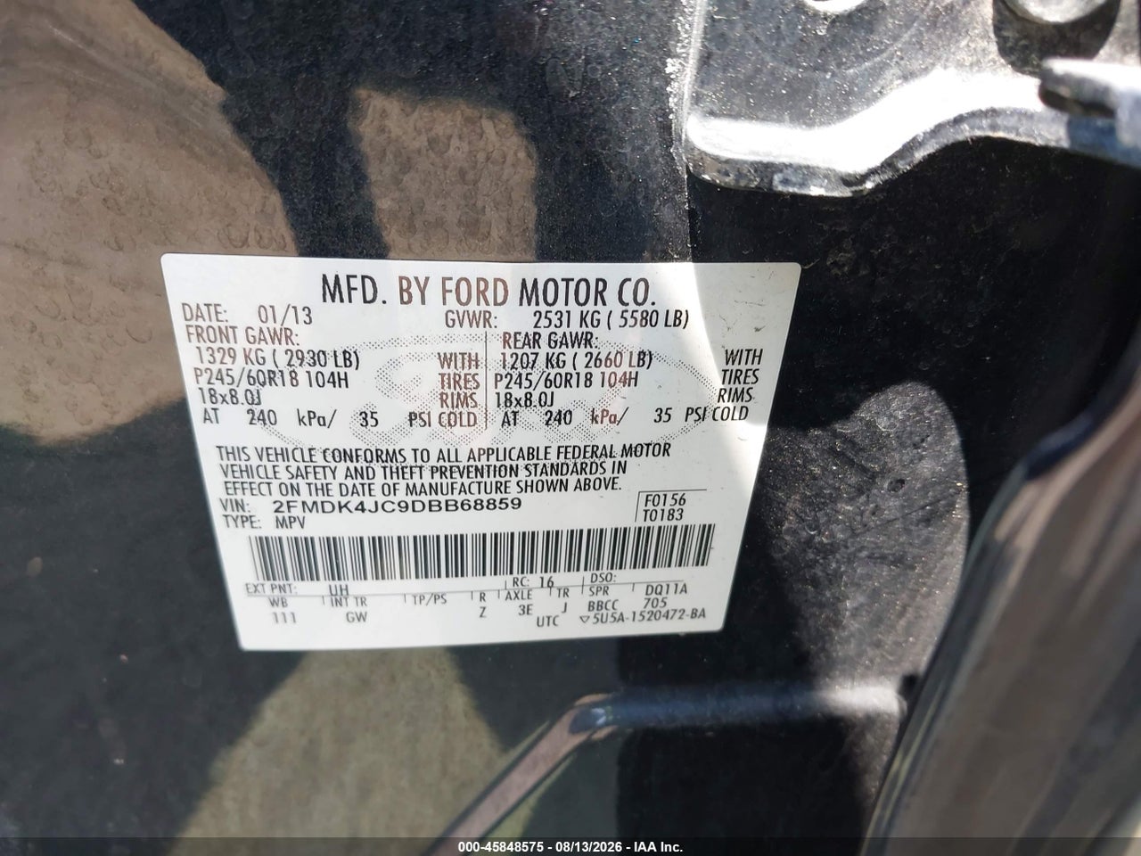 2FMDK4JC9DB****** · 2013 FORD EDGE SEL · 9/11