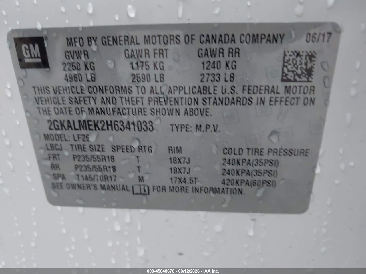 2GKALMEK2H6****** · 2017 GMC TERRAIN SLE-1 · 9/11
