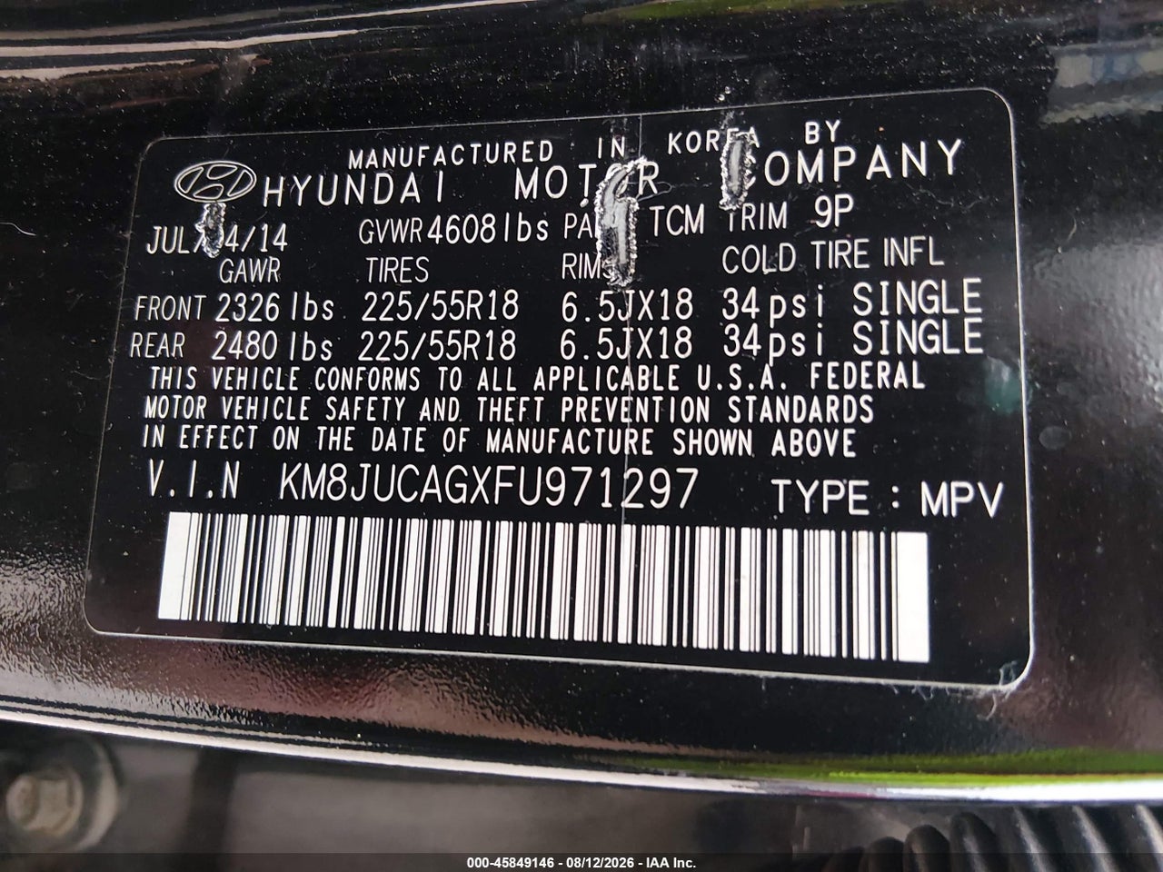 KM8JUCAGXFU****** · 2015 HYUNDAI TUCSON LIMITED · 9/11