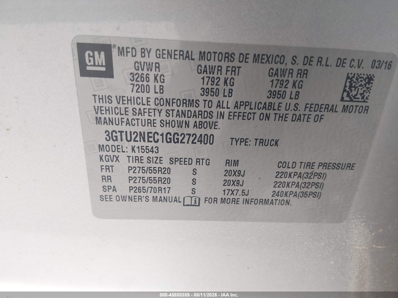 3GTU2NEC1GG****** · 2016 GMC SIERRA 1500 SLT · 9/11