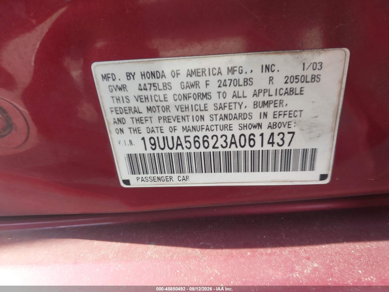 19UUA56623A****** · 2003 ACURA TL 3.2 · 9/11