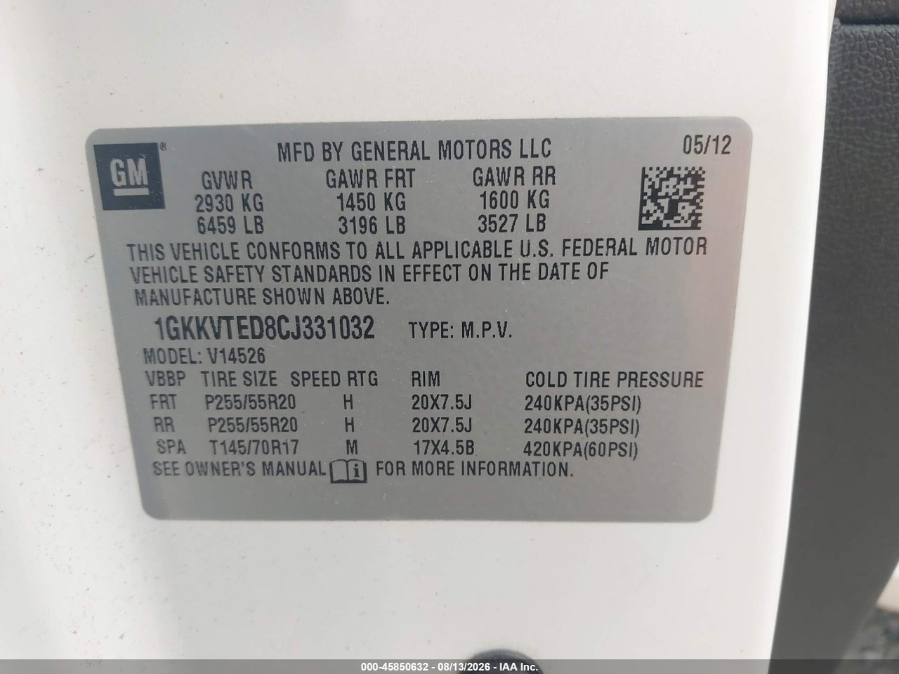 1GKKVTED8CJ****** · 2012 GMC ACADIA DENALI · 9/11